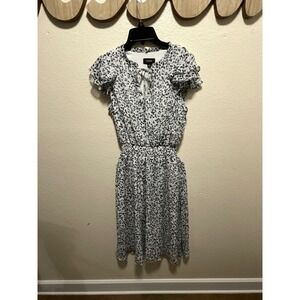 MSK Women's Black White Floral Print Ruffle Sleeve Tie Neck Midi Dress Size M